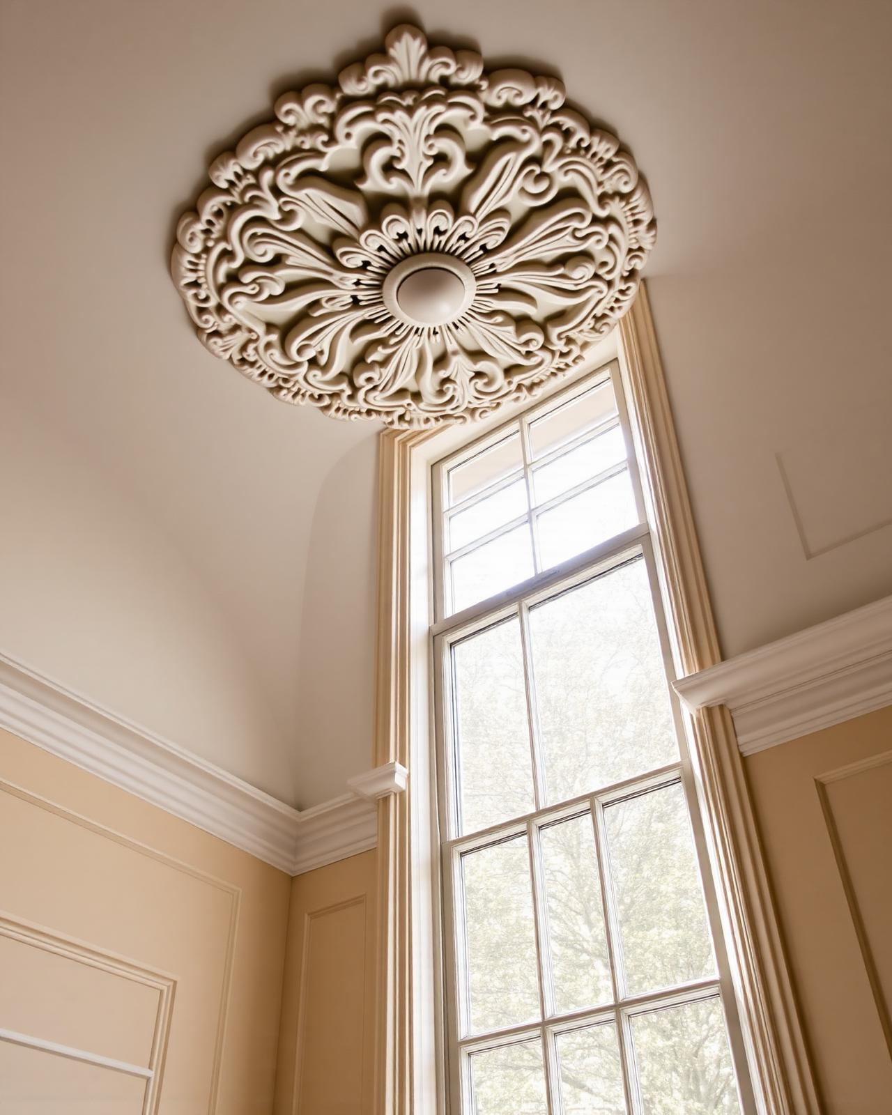 Restored ornate Victorian plaster cornicing and sash window in a London period home